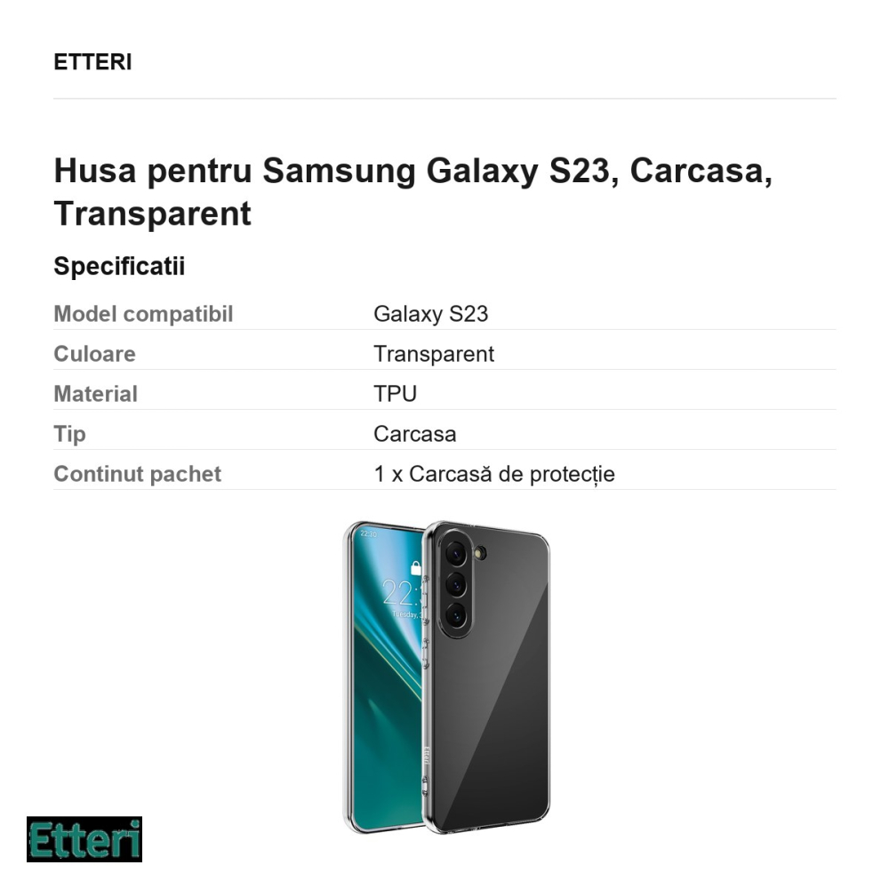 Husa Etteri Clear pentru Samsung Galaxy S23, Carcasa, Transparent [3]