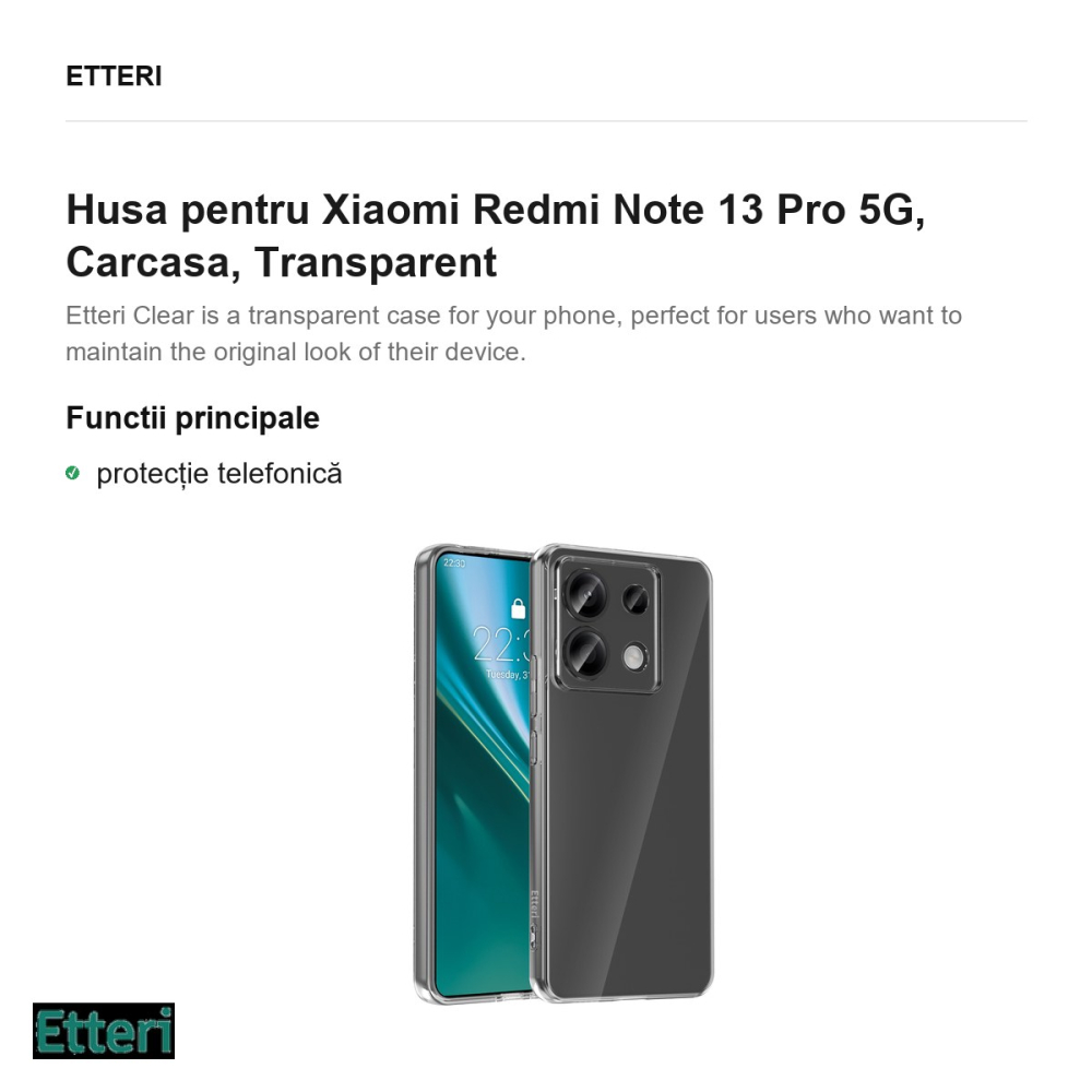 Husa Etteri Clear pentru Xiaomi Redmi Note 13 Pro 5G, Carcasa, Transparent [2]