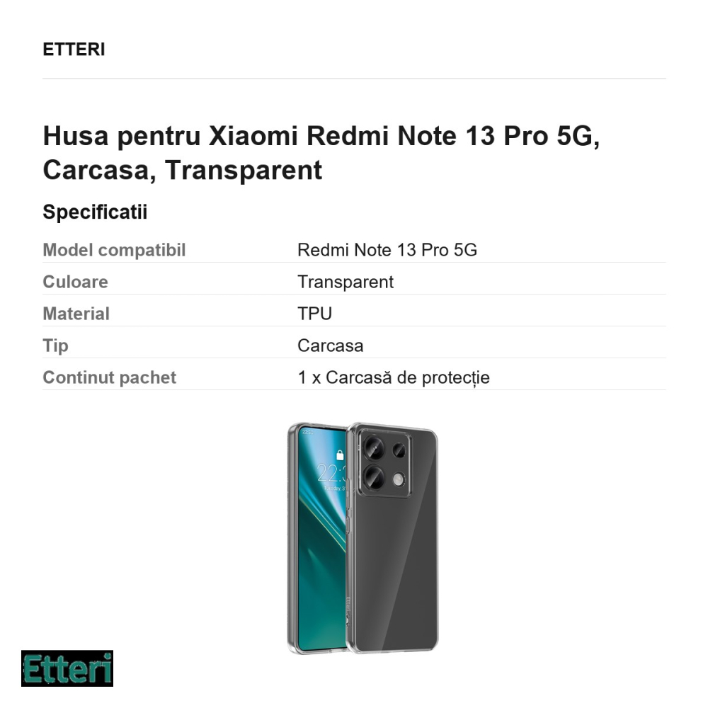 Husa Etteri Clear pentru Xiaomi Redmi Note 13 Pro 5G, Carcasa, Transparent [3]