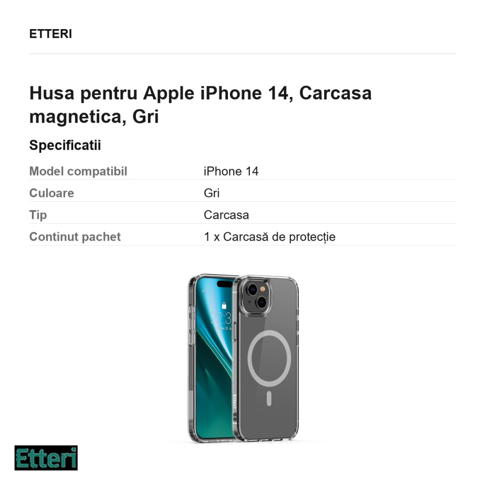 Husa Etteri Color Mag pentru Apple iPhone 14, Carcasa magnetica, Gri [3]