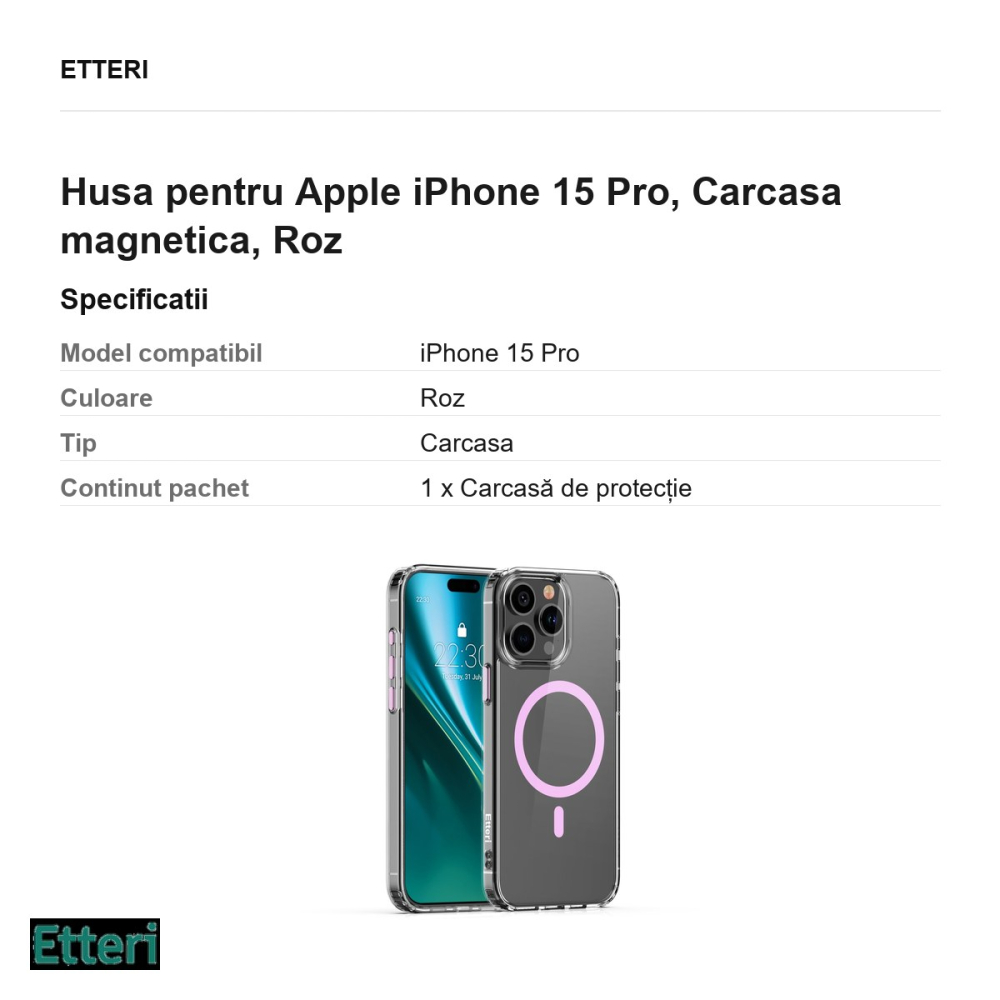 Husa Etteri Color Mag pentru Apple iPhone 15 Pro, Carcasa magnetica, Roz [3]
