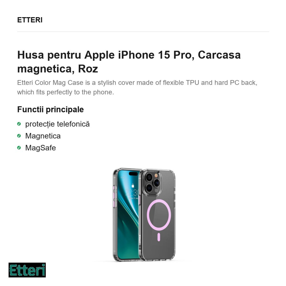 Husa Etteri Color Mag pentru Apple iPhone 15 Pro, Carcasa magnetica, Roz [2]