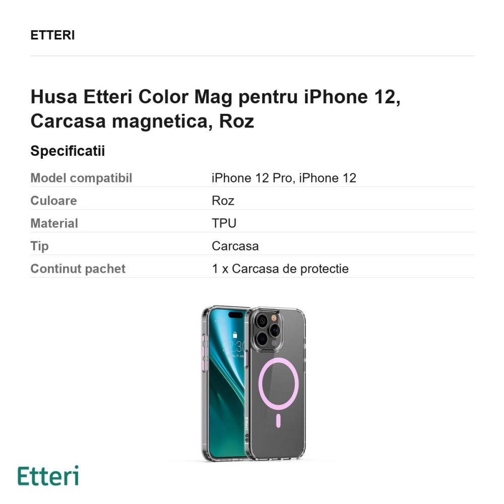 Husa Etteri Color Mag pentru iPhone 12, Carcasa magnetica, Roz [3]