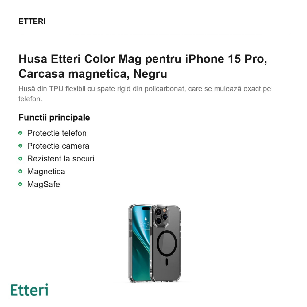 Husa Etteri Color Mag pentru iPhone 15 Pro, Carcasa magnetica, Negru [2]
