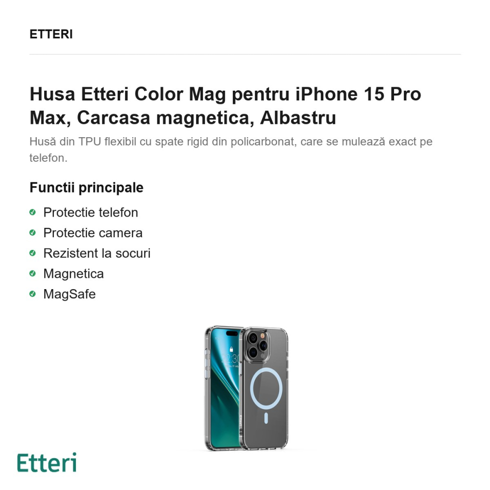 Husa Etteri Color Mag pentru iPhone 15 Pro Max, Carcasa magnetica, Albastru [2]