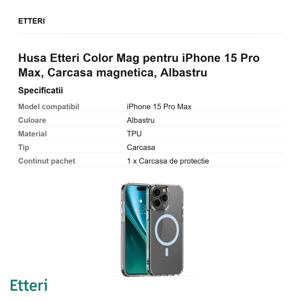 Husa Etteri Color Mag pentru iPhone 15 Pro Max, Carcasa magnetica, Albastru [3]
