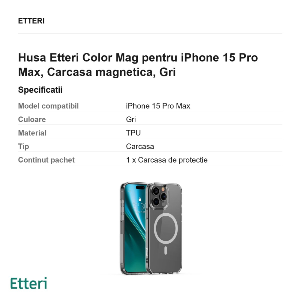 Husa Etteri Color Mag pentru iPhone 15 Pro Max, Carcasa magnetica, Gri [3]