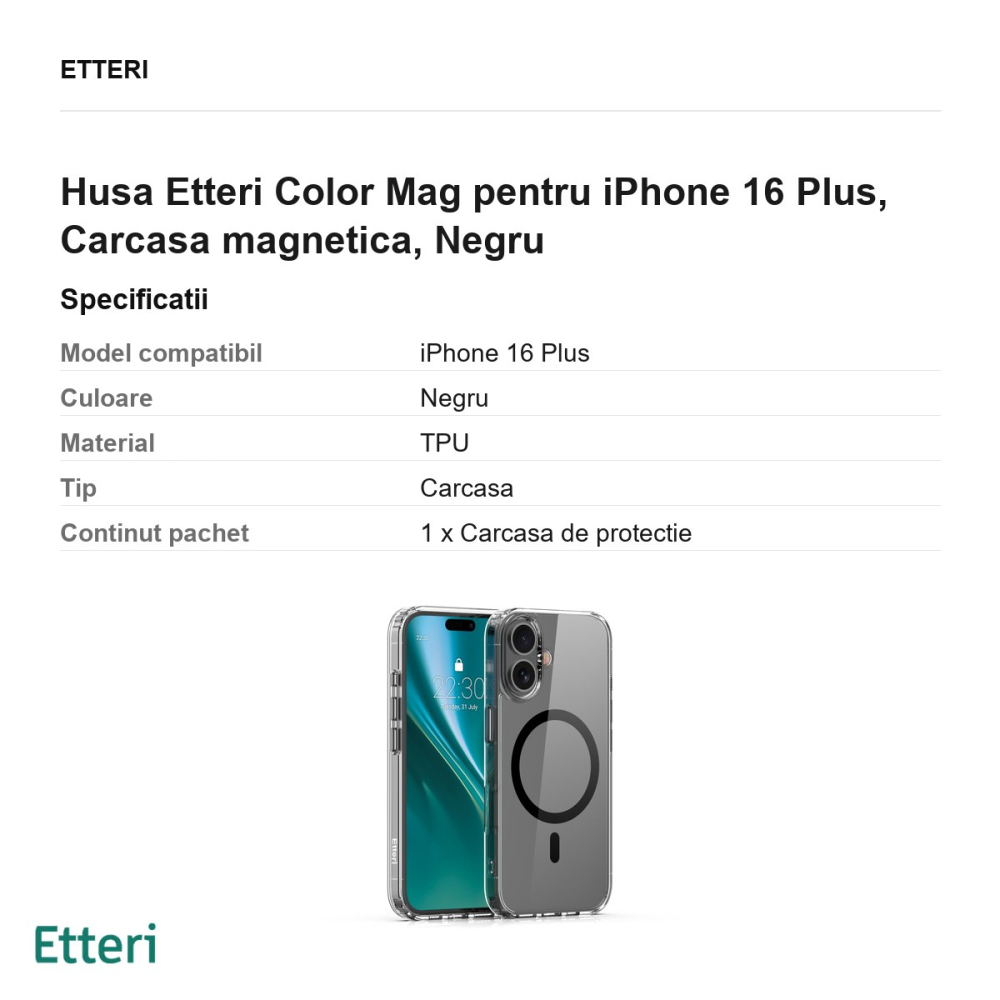 Husa Etteri Color Mag pentru iPhone 16 Plus, Carcasa magnetica, Negru [3]
