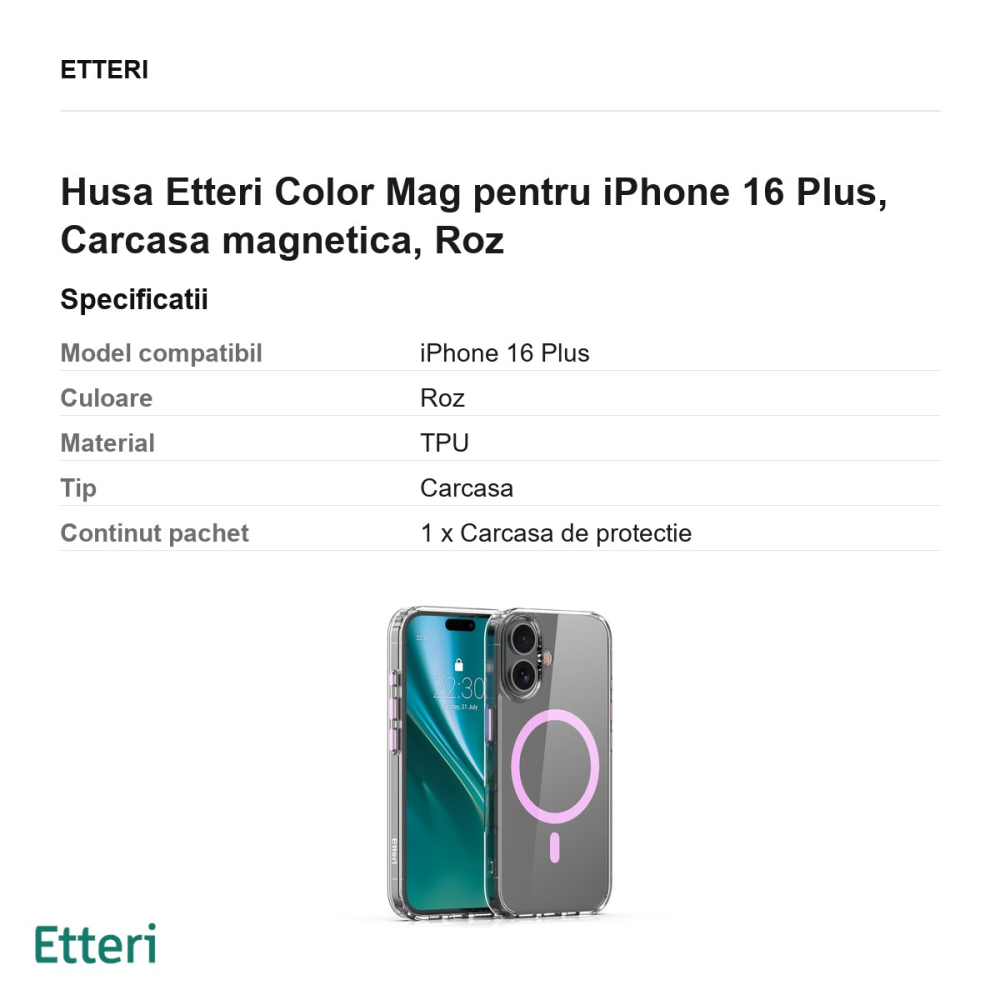 Husa Etteri Color Mag pentru iPhone 16 Plus, Carcasa magnetica, Roz [3]
