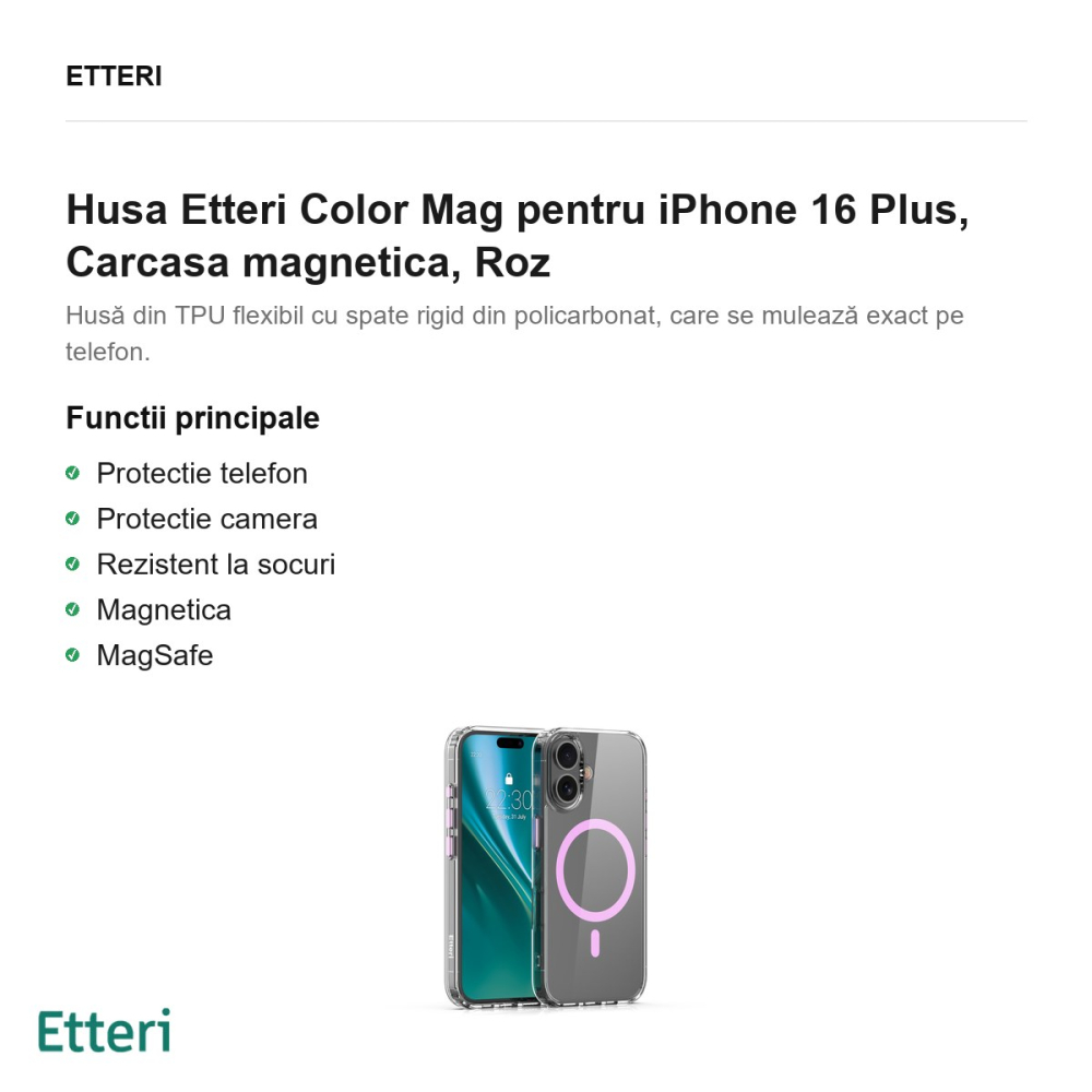 Husa Etteri Color Mag pentru iPhone 16 Plus, Carcasa magnetica, Roz [2]