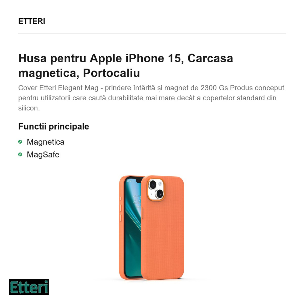 Husa Etteri Elegant Mag pentru Apple iPhone 15, Carcasa magnetica, Portocaliu [2]