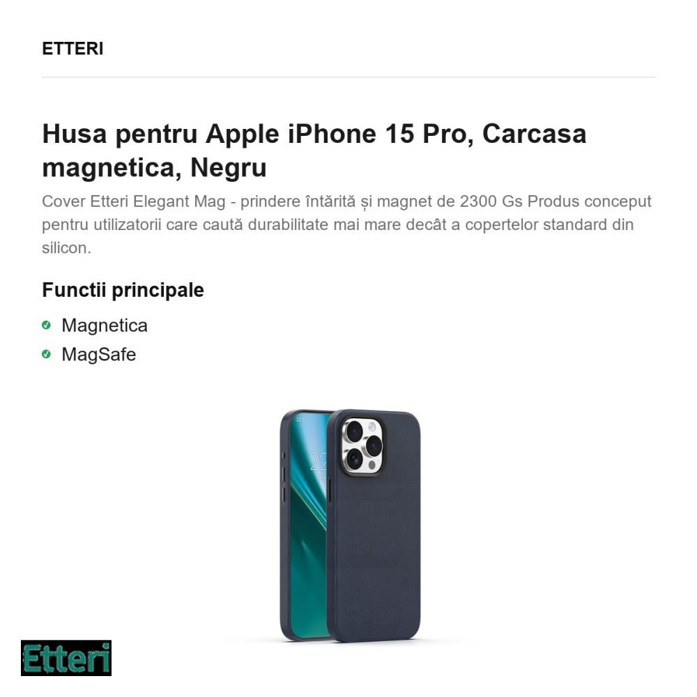 Husa Etteri Elegant Mag pentru Apple iPhone 15 Pro, Carcasa magnetica, Negru [2]