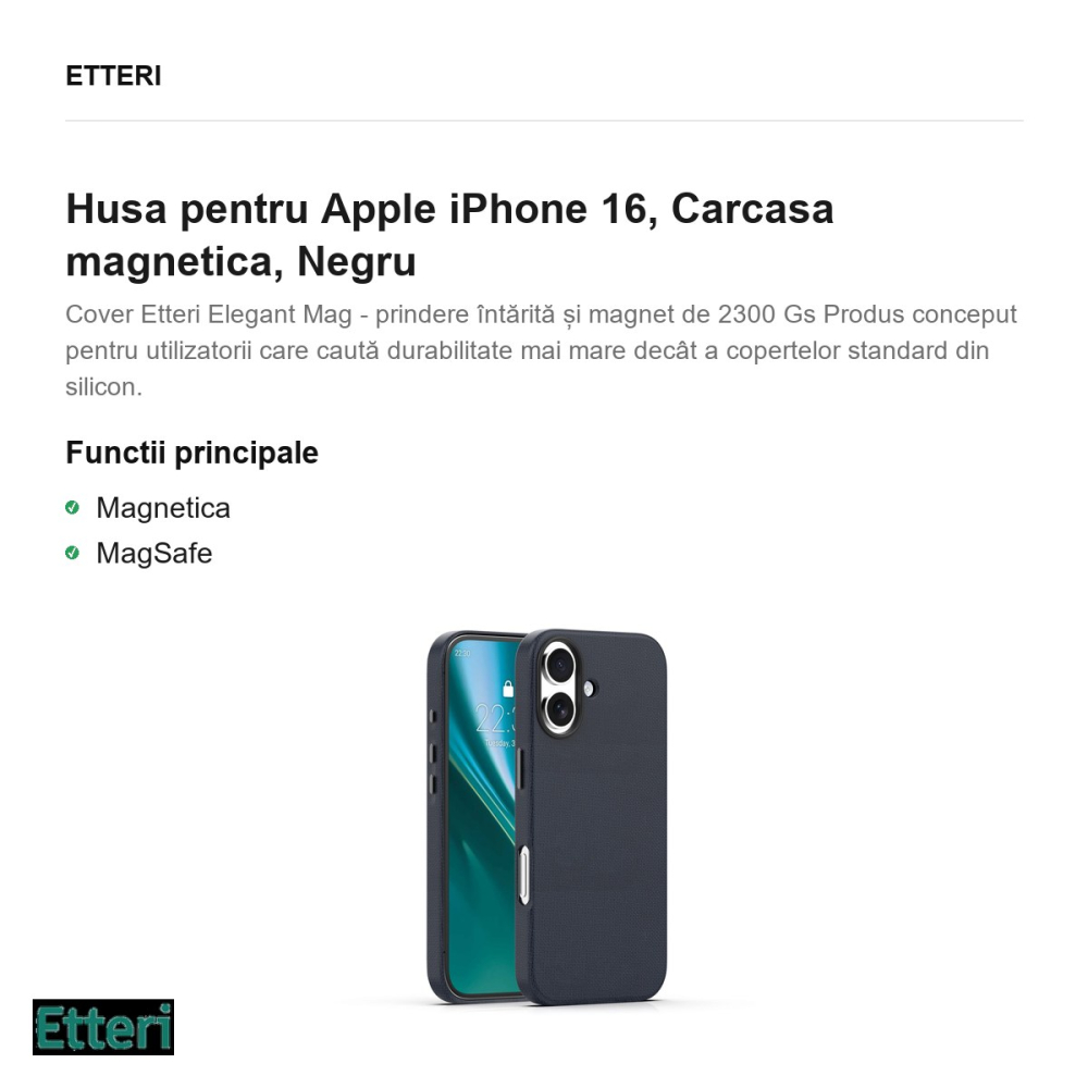 Husa Etteri Elegant Mag pentru Apple iPhone 16, Carcasa magnetica, Negru [2]