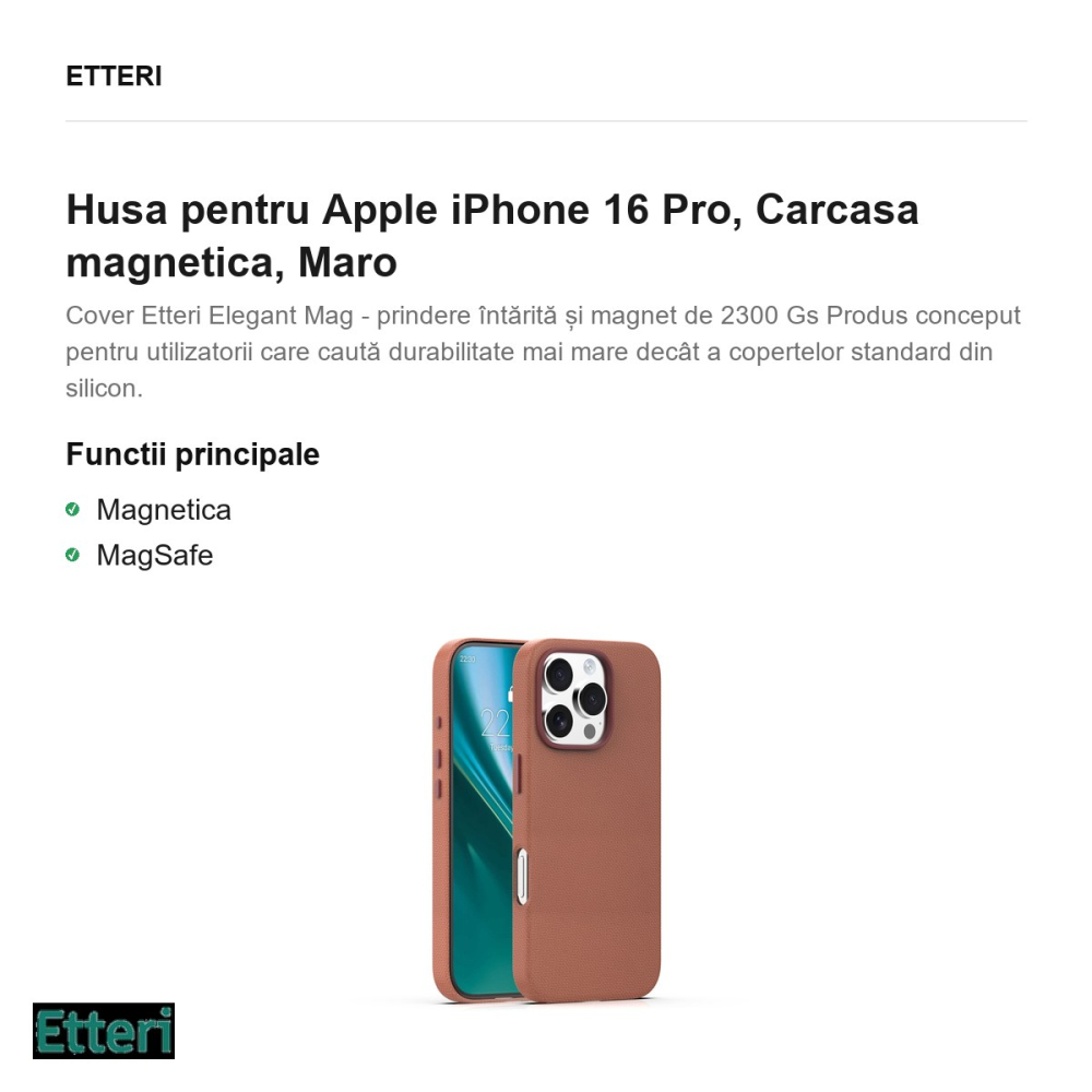 Husa Etteri Elegant Mag pentru Apple iPhone 16 Pro, Carcasa magnetica, Maro [2]
