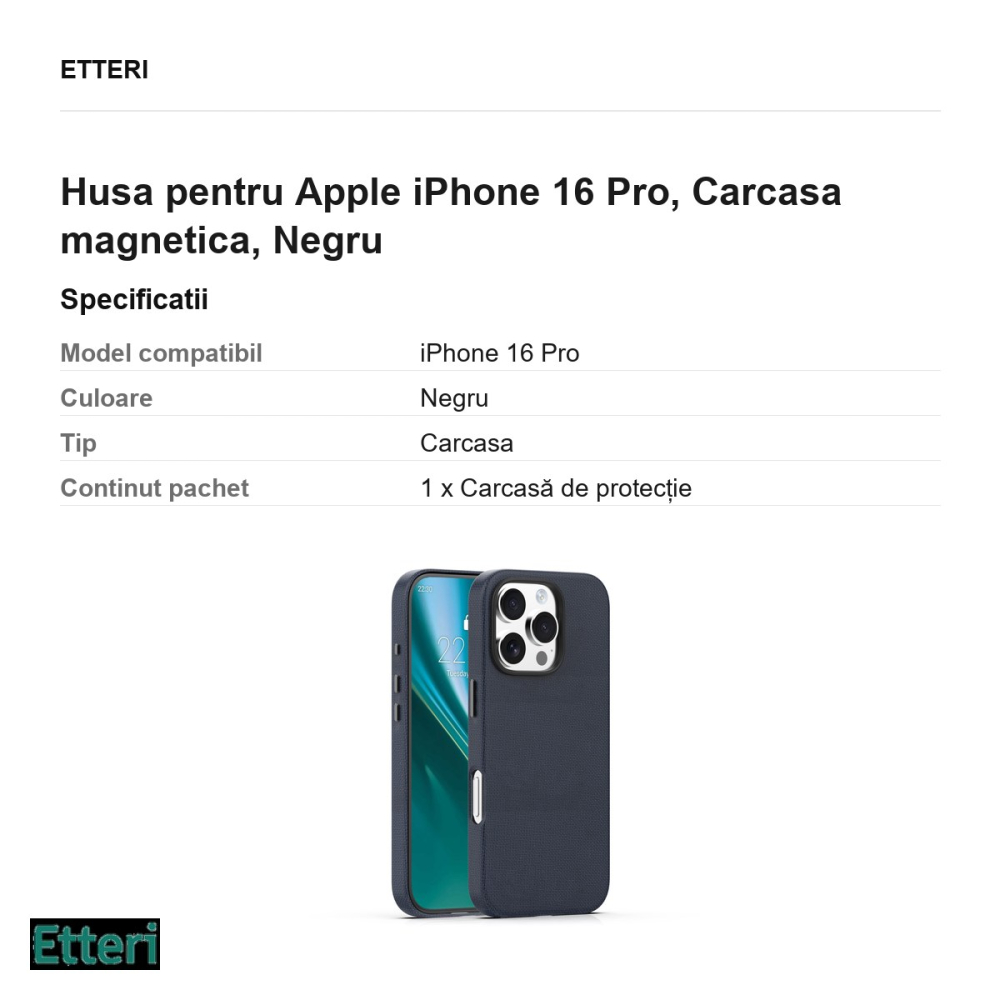 Husa Etteri Elegant Mag pentru Apple iPhone 16 Pro, Carcasa magnetica, Negru [3]