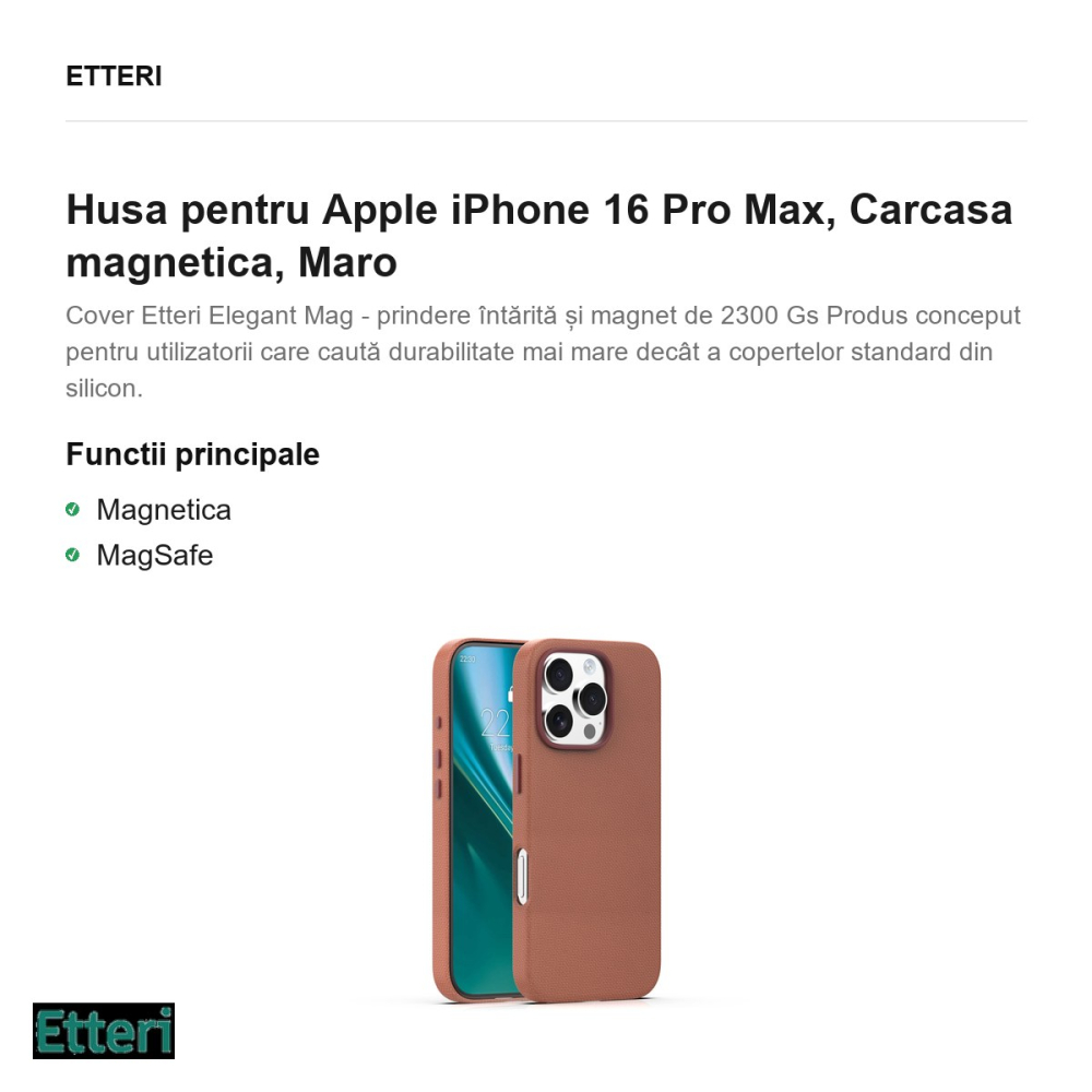 Husa Etteri Elegant Mag pentru Apple iPhone 16 Pro Max, Carcasa magnetica, Maro [2]