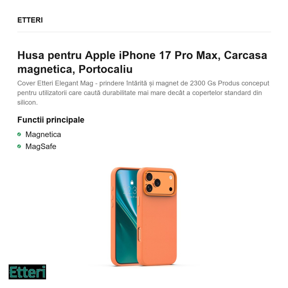 Husa Etteri Elegant Mag pentru Apple iPhone 17 Pro Max, Carcasa magnetica, Portocaliu [2]