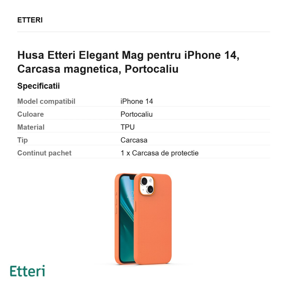 Husa Etteri Elegant Mag pentru iPhone 14, Carcasa magnetica, Portocaliu [3]