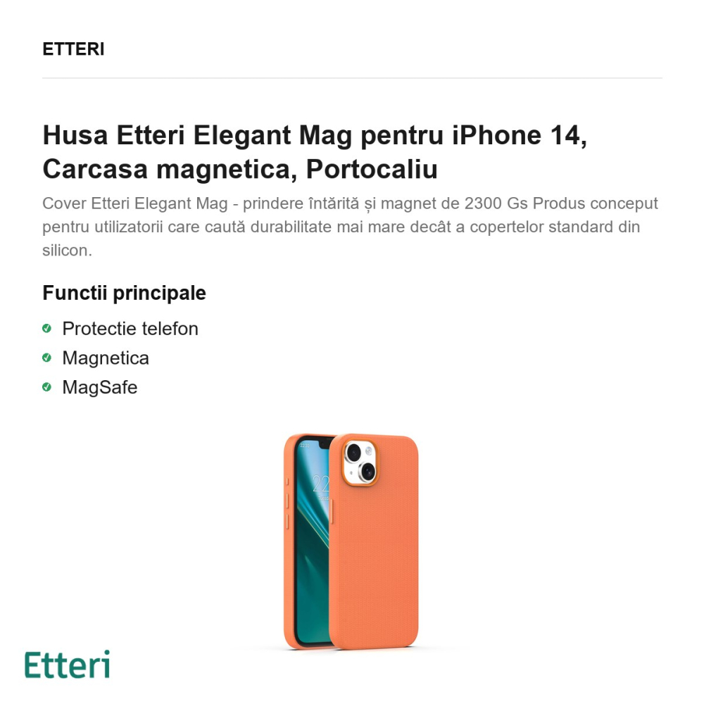 Husa Etteri Elegant Mag pentru iPhone 14, Carcasa magnetica, Portocaliu [2]
