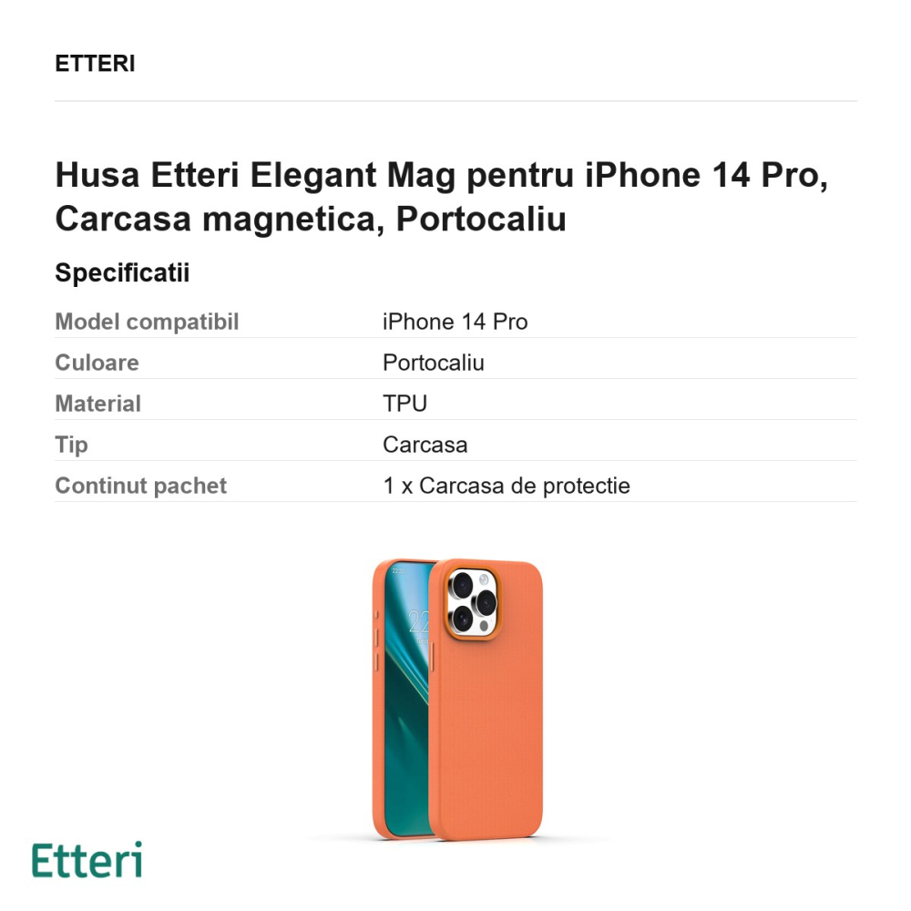 Husa Etteri Elegant Mag pentru iPhone 14 Pro, Carcasa magnetica, Portocaliu [3]
