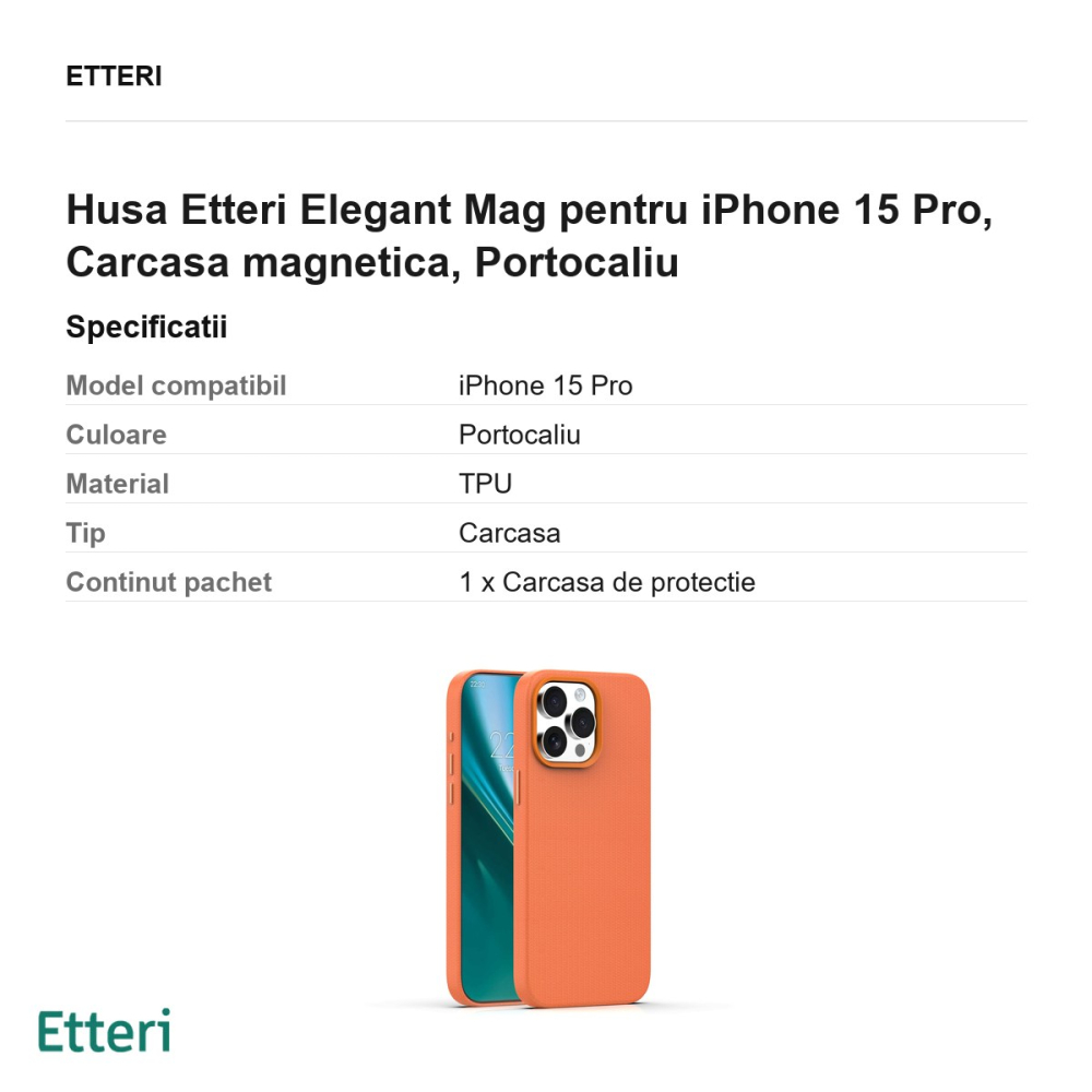 Husa Etteri Elegant Mag pentru iPhone 15 Pro, Carcasa magnetica, Portocaliu [3]