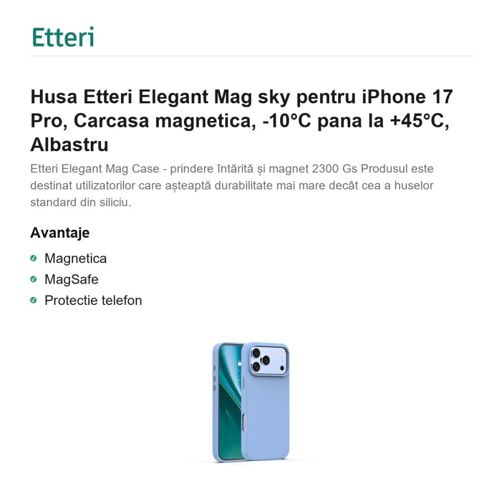 Husa Etteri Elegant Mag sky pentru iPhone 17 Pro, Carcasa magnetica, -10°C pana la +45°C, Albastru [2]