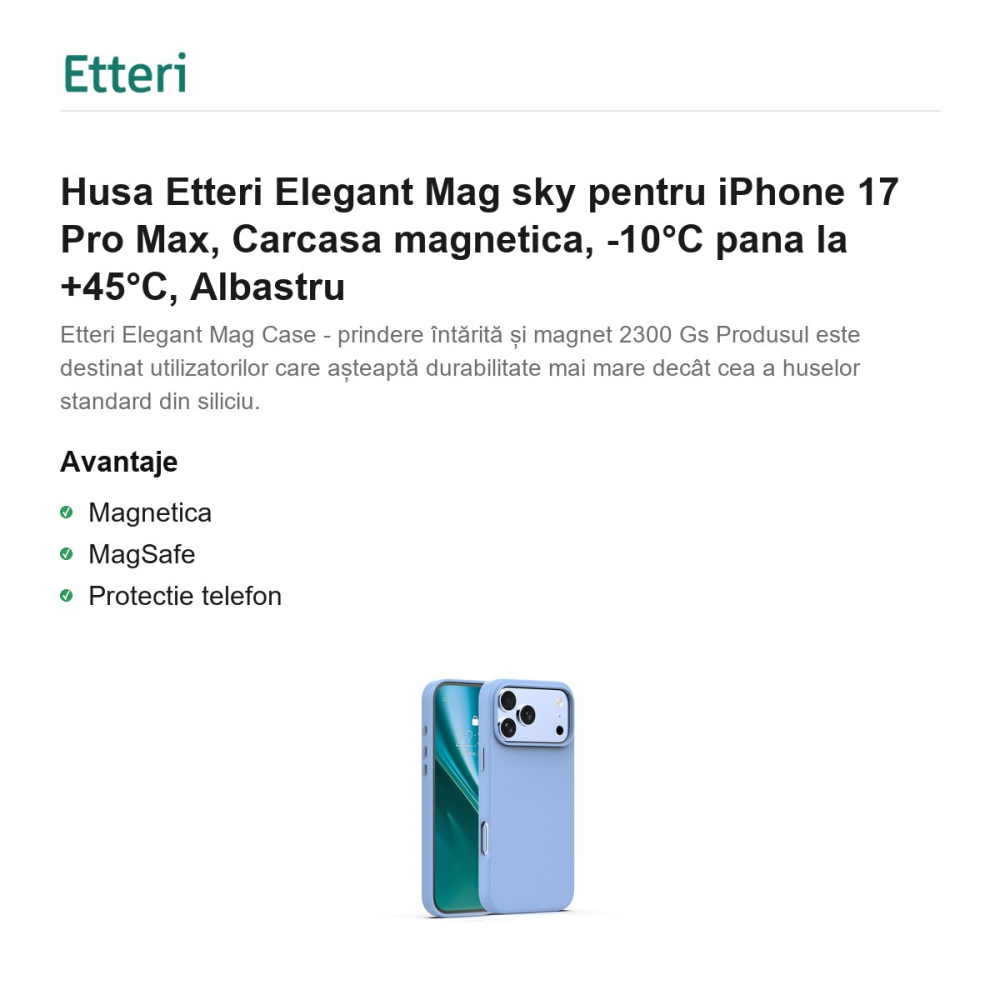Husa Etteri Elegant Mag sky pentru iPhone 17 Pro Max, Carcasa magnetica, -10°C pana la +45°C, Albastru [2]