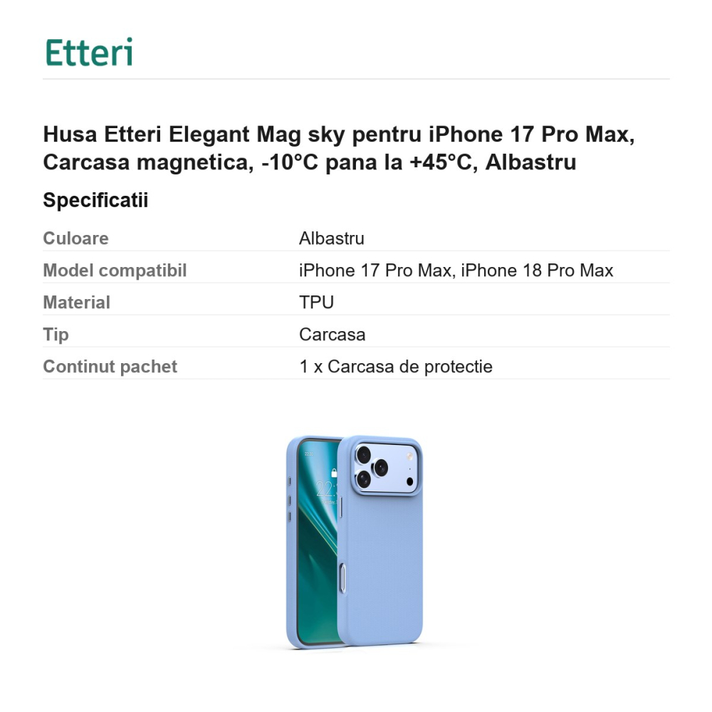 Husa Etteri Elegant Mag sky pentru iPhone 17 Pro Max, Carcasa magnetica, -10°C pana la +45°C, Albastru [3]