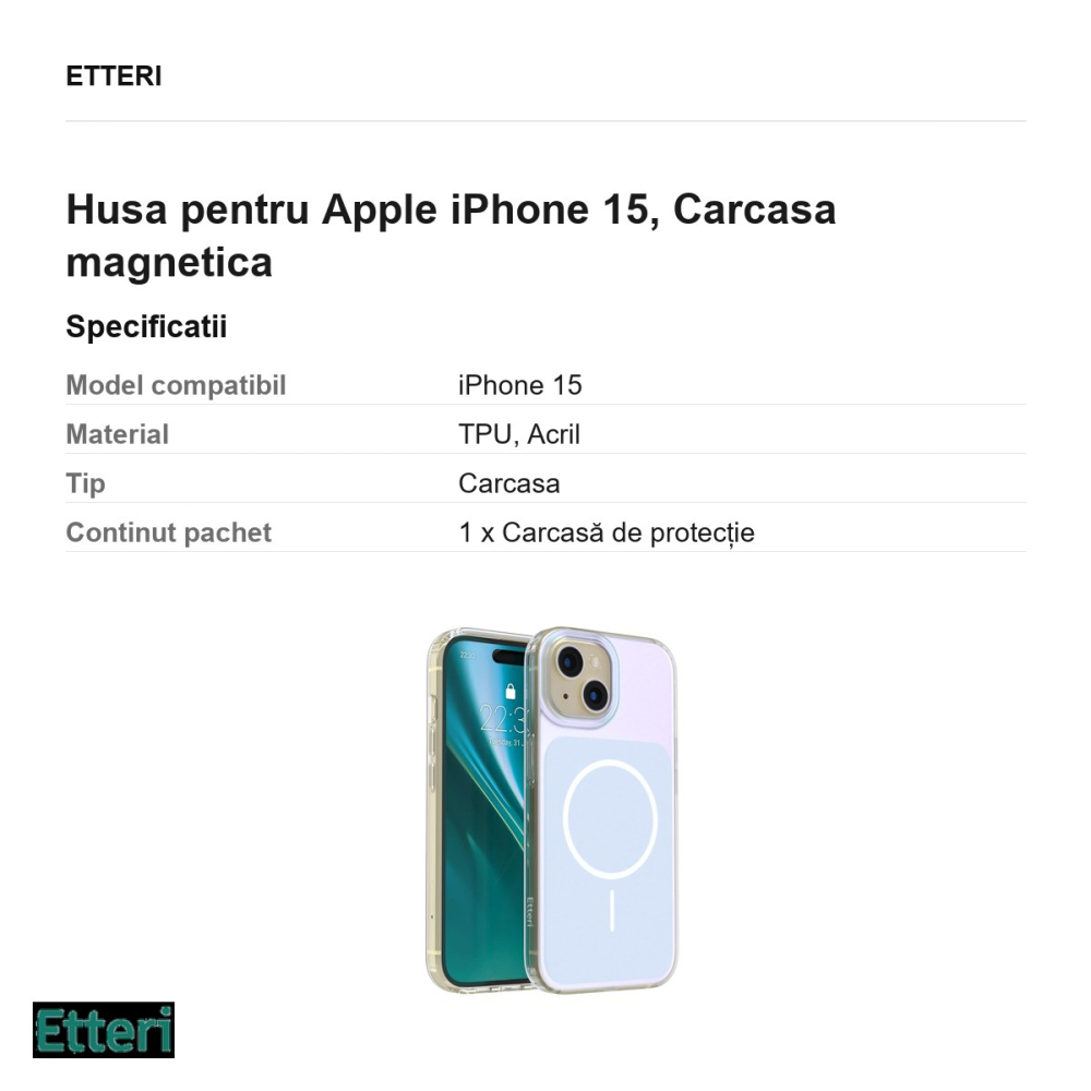 Husa Etteri Hidden Pearl pentru Apple iPhone 15, Carcasa magnetica, Albastru deschis [3]