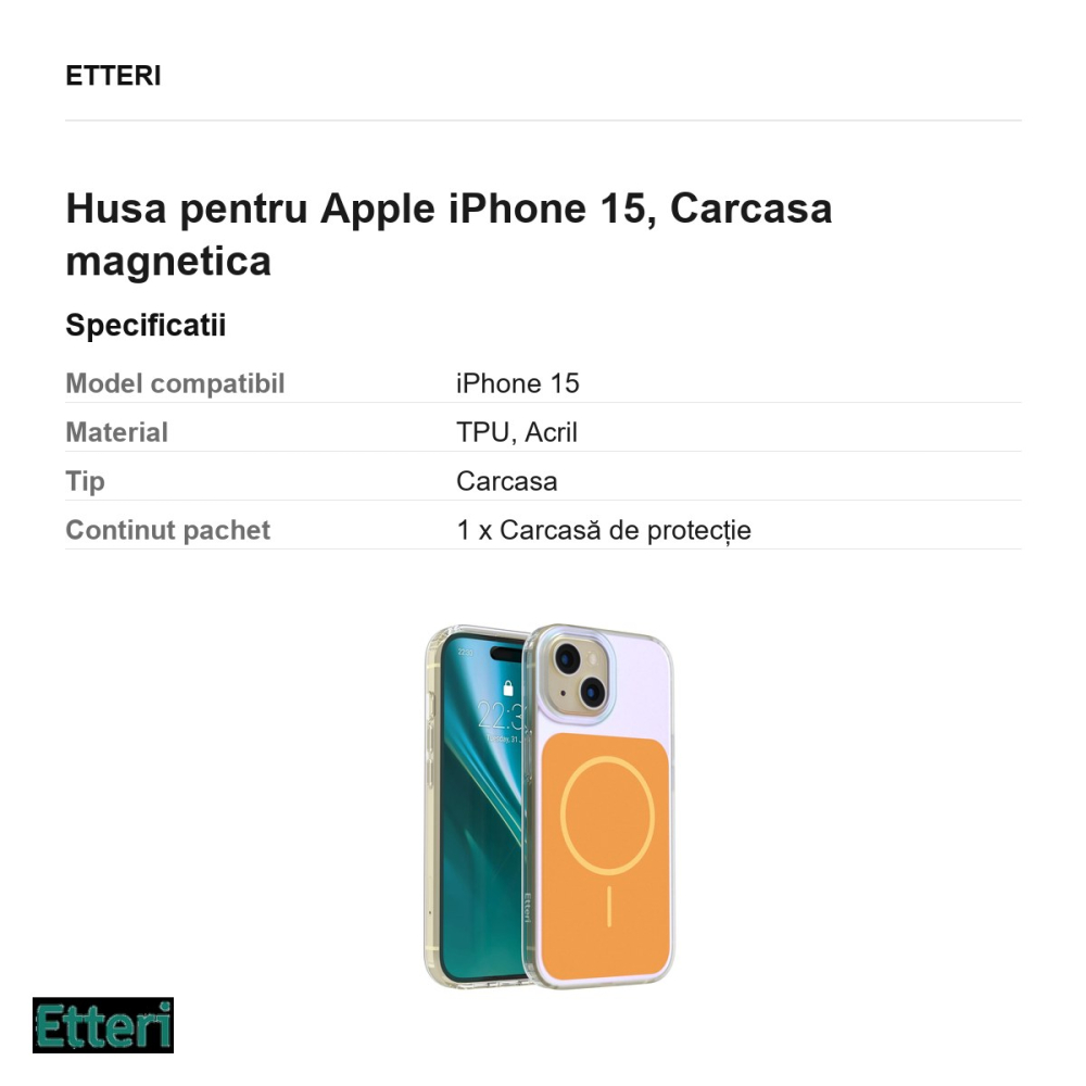 Husa Etteri Hidden Pearl pentru Apple iPhone 15, Carcasa magnetica, Portocaliu [3]