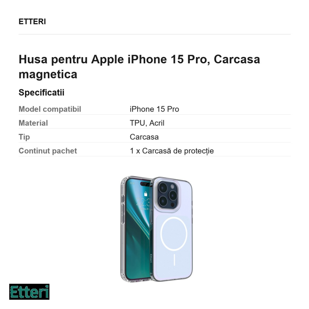 Husa Etteri Hidden Pearl pentru Apple iPhone 15 Pro, Carcasa magnetica, Albastru deschis [3]