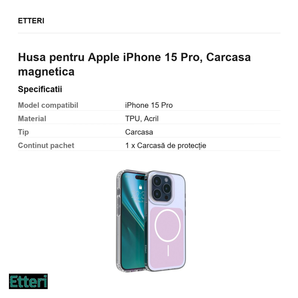 Husa Etteri Hidden Pearl pentru Apple iPhone 15 Pro, Carcasa magnetica, Roz [3]