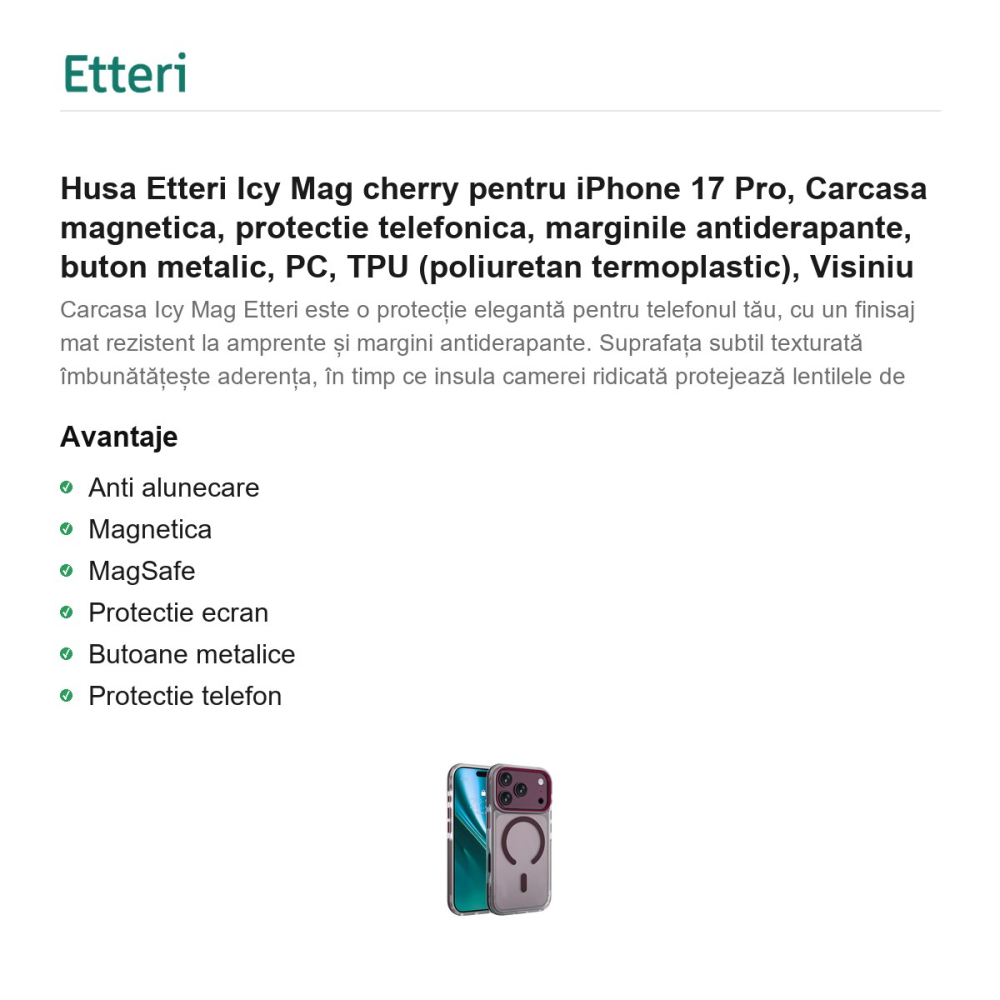 Husa Etteri Icy Mag cherry pentru iPhone 17 Pro, Carcasa magnetica, protectie telefonica, marginile antiderapante, buton metalic, PC, TPU (poliuretan termoplastic), Visiniu [2]