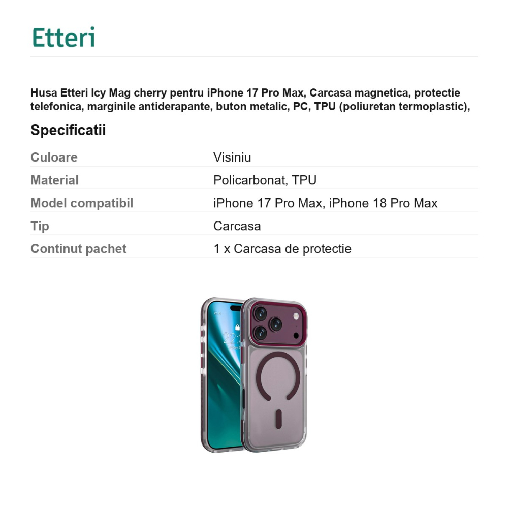 Husa Etteri Icy Mag cherry pentru iPhone 17 Pro Max, Carcasa magnetica, protectie telefonica, marginile antiderapante, buton metalic, PC, TPU (poliuretan termoplastic), Visiniu [3]