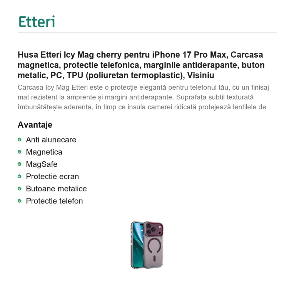Husa Etteri Icy Mag cherry pentru iPhone 17 Pro Max, Carcasa magnetica, protectie telefonica, marginile antiderapante, buton metalic, PC, TPU (poliuretan termoplastic), Visiniu [2]