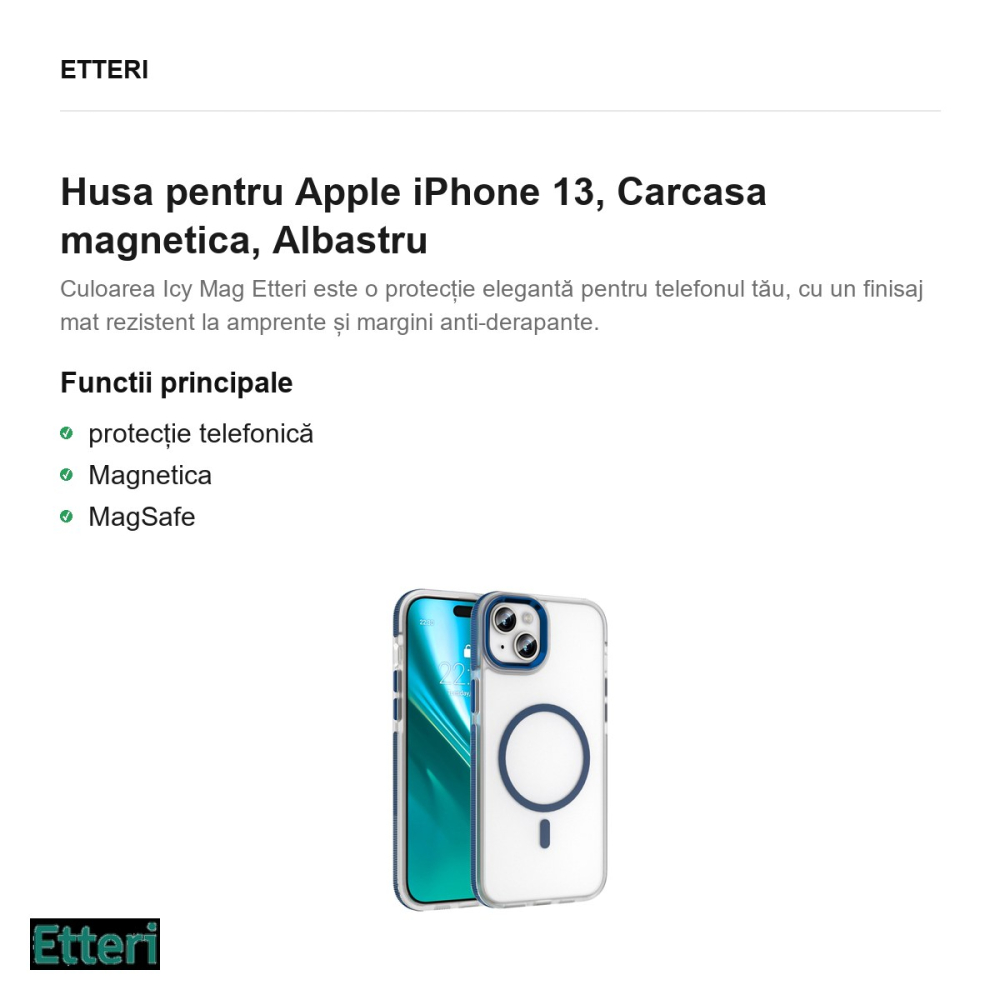 Husa Etteri Icy Mag pentru Apple iPhone 13, Carcasa magnetica, Albastru [2]