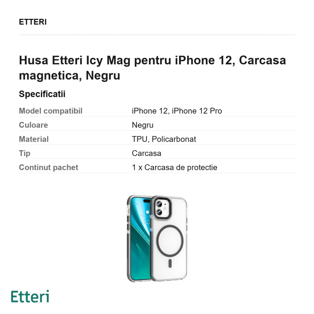 Husa Etteri Icy Mag pentru iPhone 12, Carcasa magnetica, Negru [3]