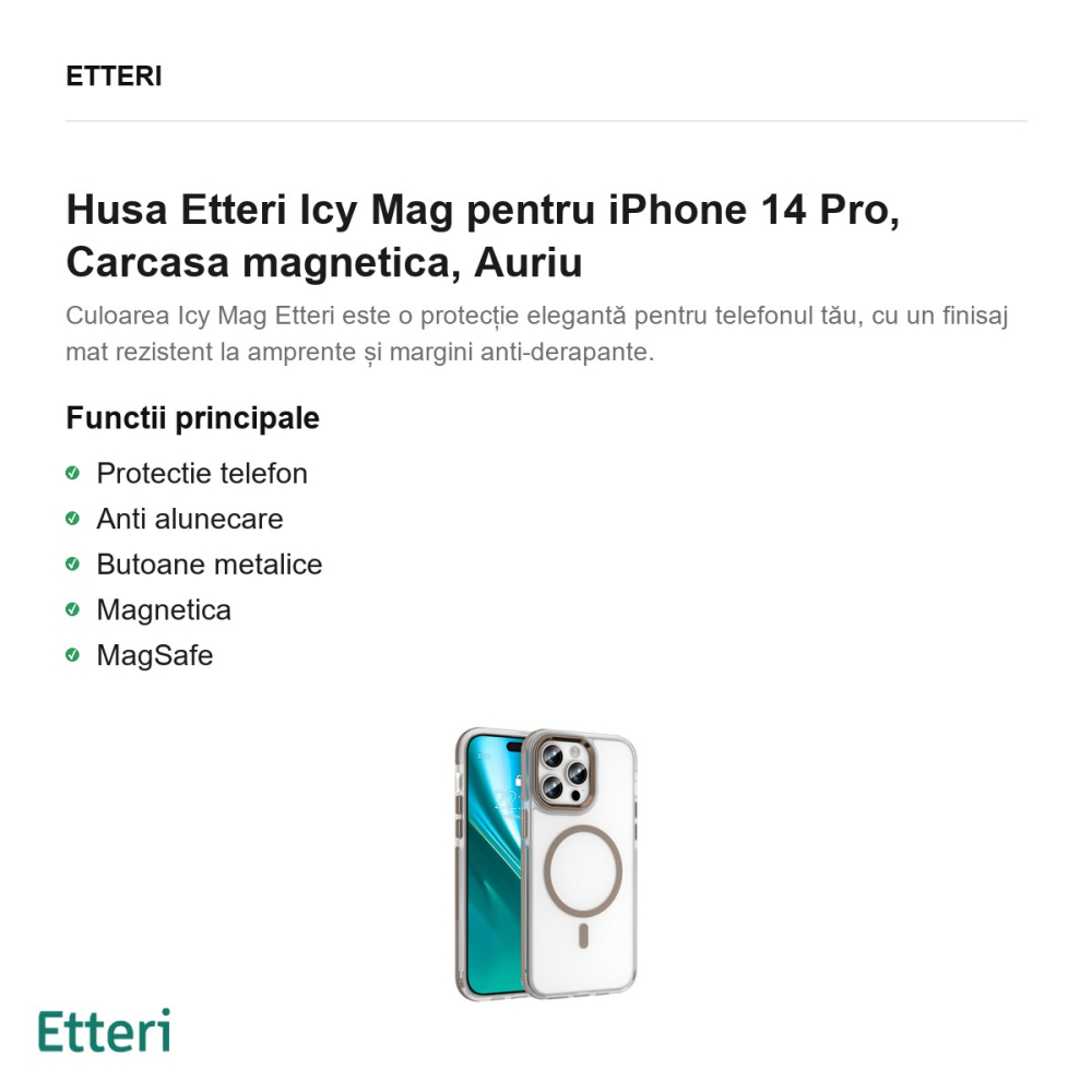 Husa Etteri Icy Mag pentru iPhone 14 Pro, Carcasa magnetica, Auriu [2]