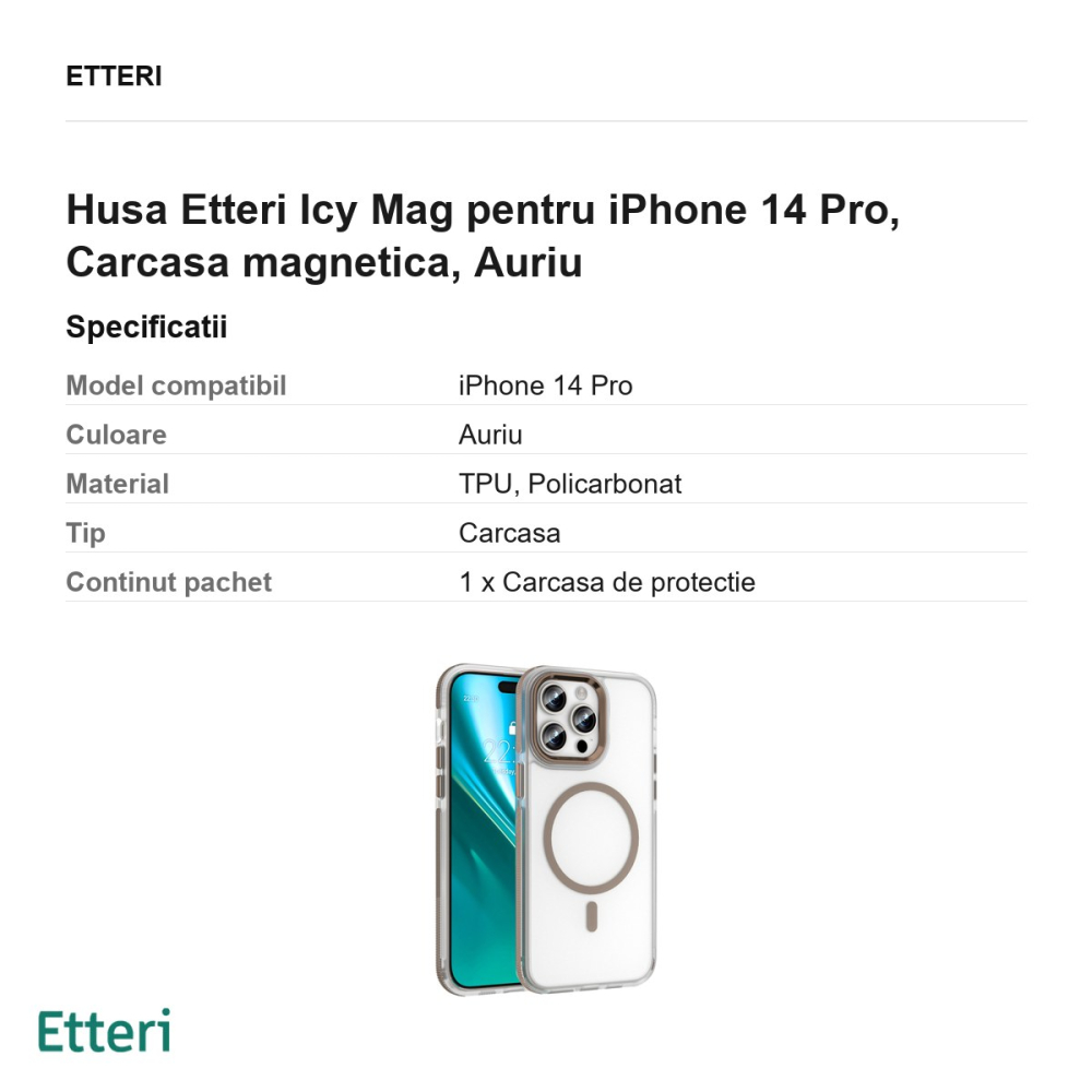 Husa Etteri Icy Mag pentru iPhone 14 Pro, Carcasa magnetica, Auriu [3]