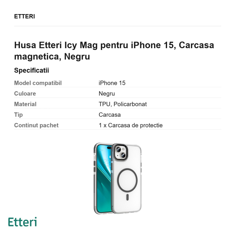 Husa Etteri Icy Mag pentru iPhone 15, Carcasa magnetica, Negru [3]