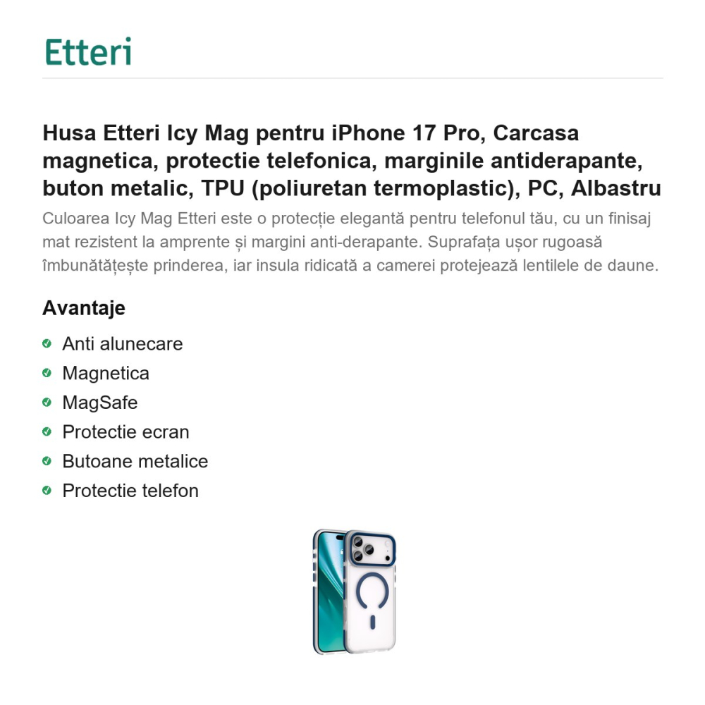 Husa Etteri Icy Mag pentru iPhone 17 Pro, Carcasa magnetica, protectie telefonica, marginile antiderapante, buton metalic, TPU (poliuretan termoplastic), PC, Albastru [2]