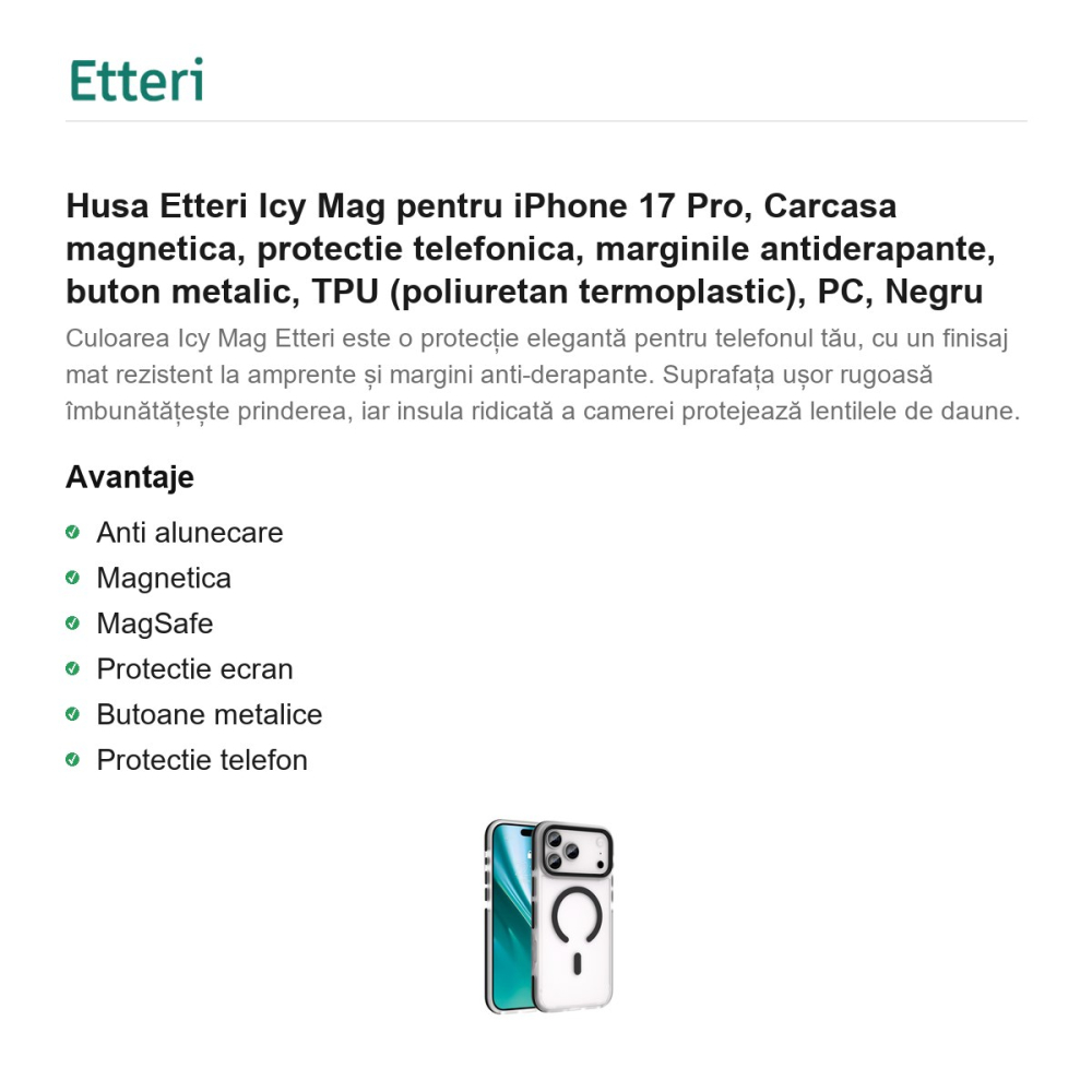Husa Etteri Icy Mag pentru iPhone 17 Pro, Carcasa magnetica, protectie telefonica, marginile antiderapante, buton metalic, TPU (poliuretan termoplastic), PC, Negru [2]