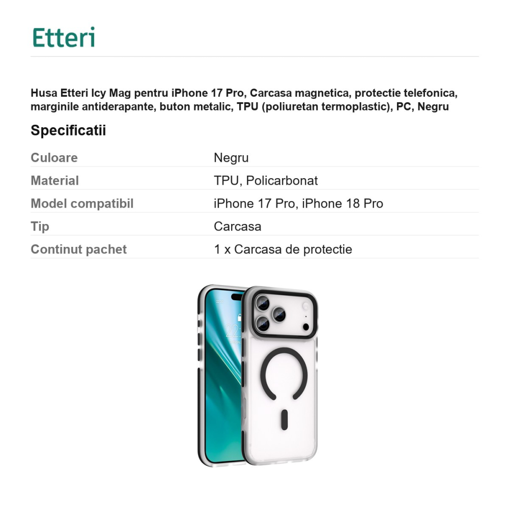 Husa Etteri Icy Mag pentru iPhone 17 Pro, Carcasa magnetica, protectie telefonica, marginile antiderapante, buton metalic, TPU (poliuretan termoplastic), PC, Negru [3]