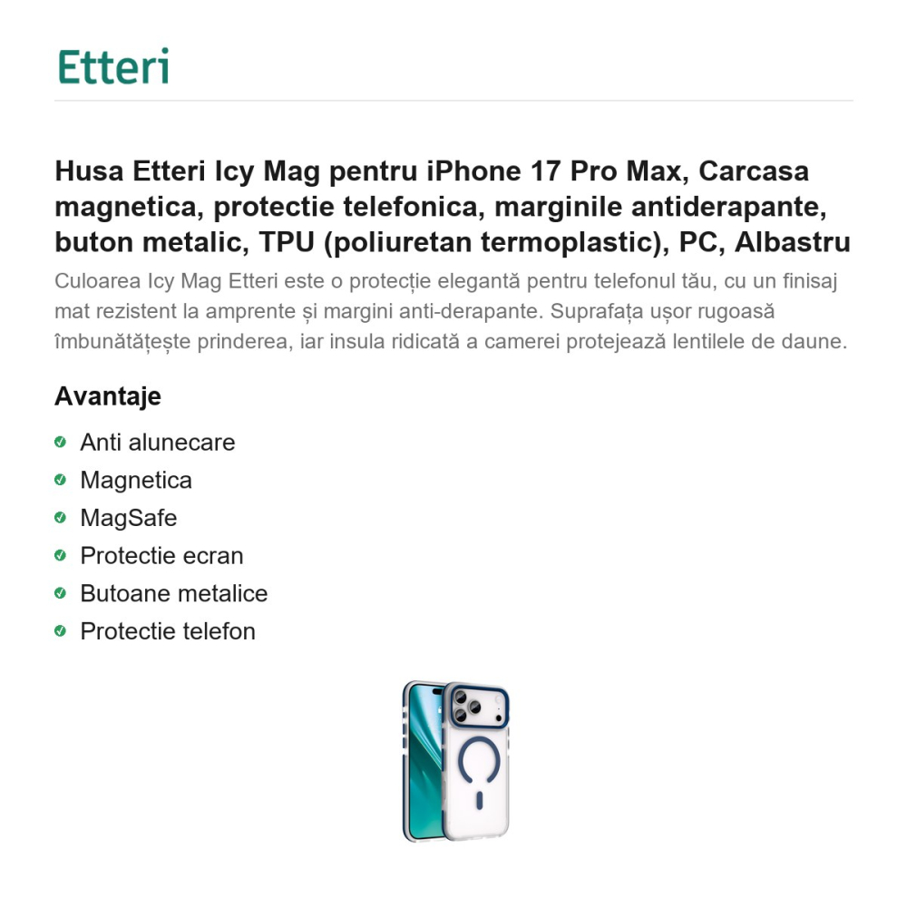 Husa Etteri Icy Mag pentru iPhone 17 Pro Max, Carcasa magnetica, protectie telefonica, marginile antiderapante, buton metalic, TPU (poliuretan termoplastic), PC, Albastru [2]