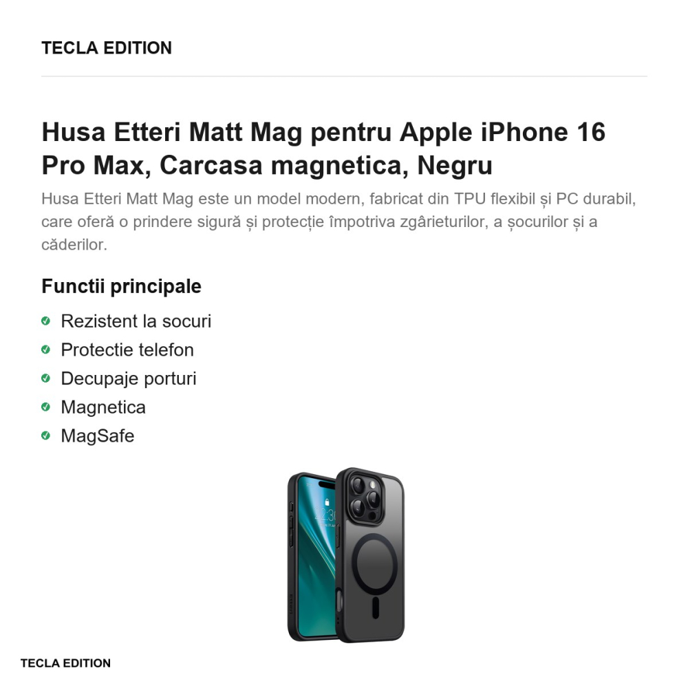 Husa Etteri Matt Mag pentru Apple iPhone 16 Pro Max, Carcasa magnetica, Negru [2]