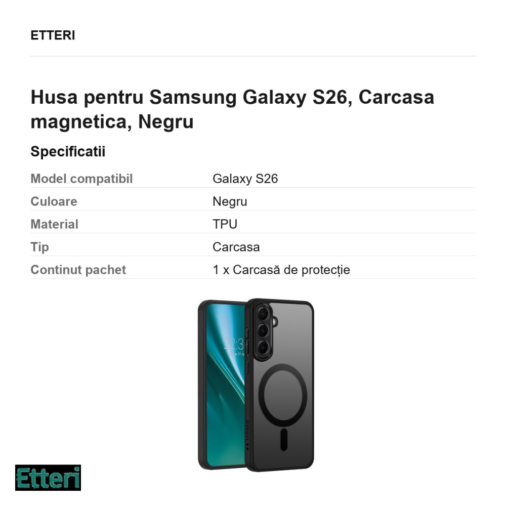 Husa Etteri Matt Mag pentru Samsung Galaxy S26, Carcasa magnetica, Negru [3]