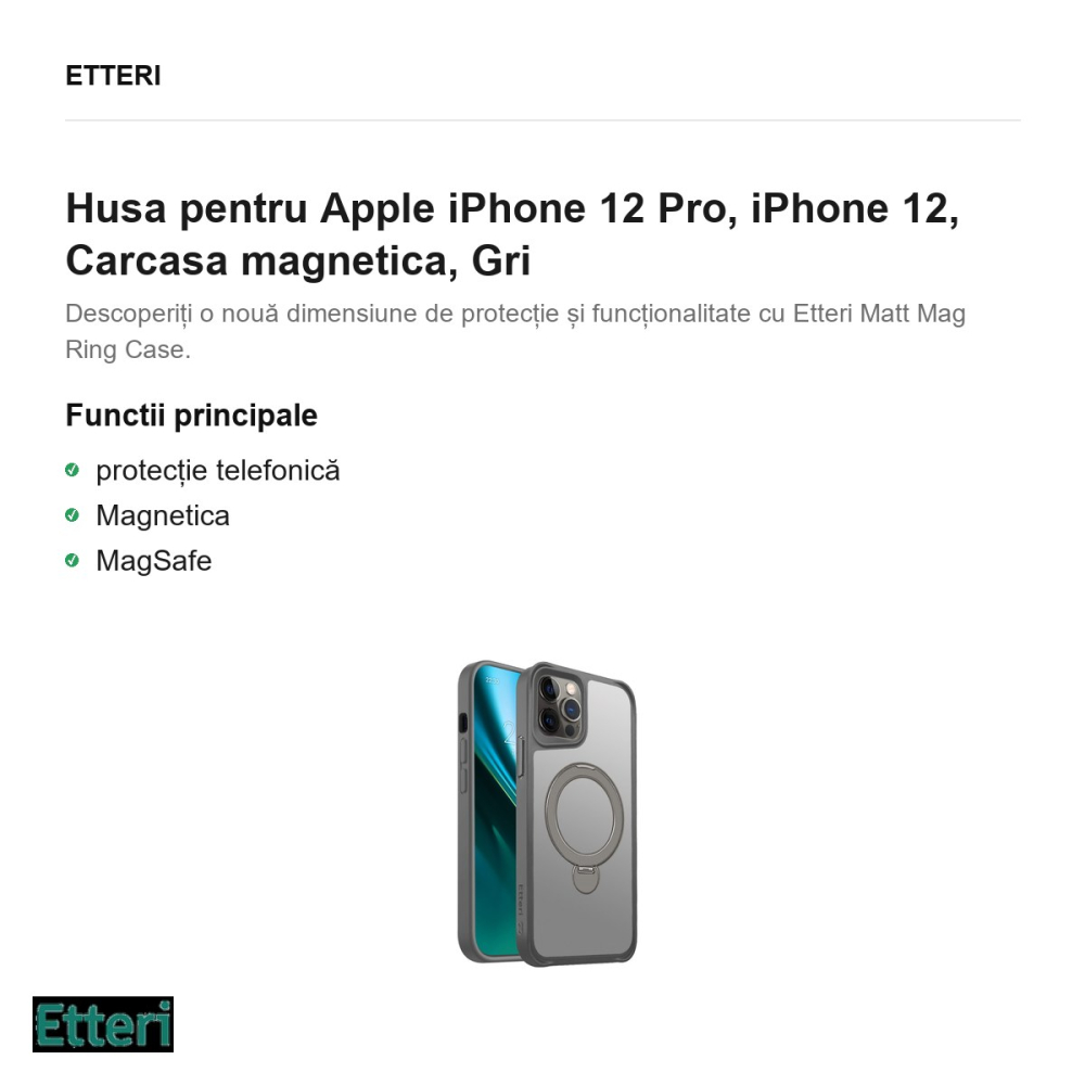 Husa Etteri Matt Mag Ring pentru Apple iPhone 12 Pro, iPhone 12, Carcasa magnetica, Gri [2]