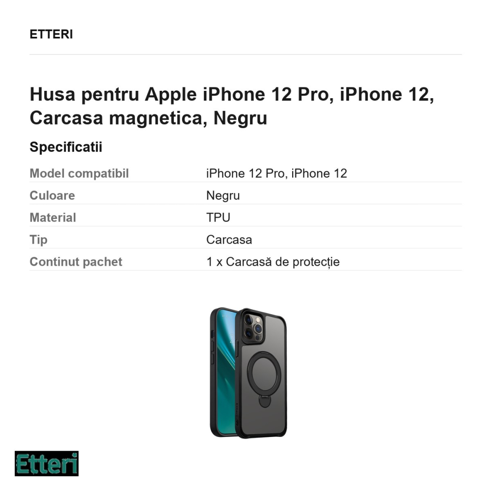 Husa Etteri Matt Mag Ring pentru Apple iPhone 12 Pro, iPhone 12, Carcasa magnetica, Negru [3]