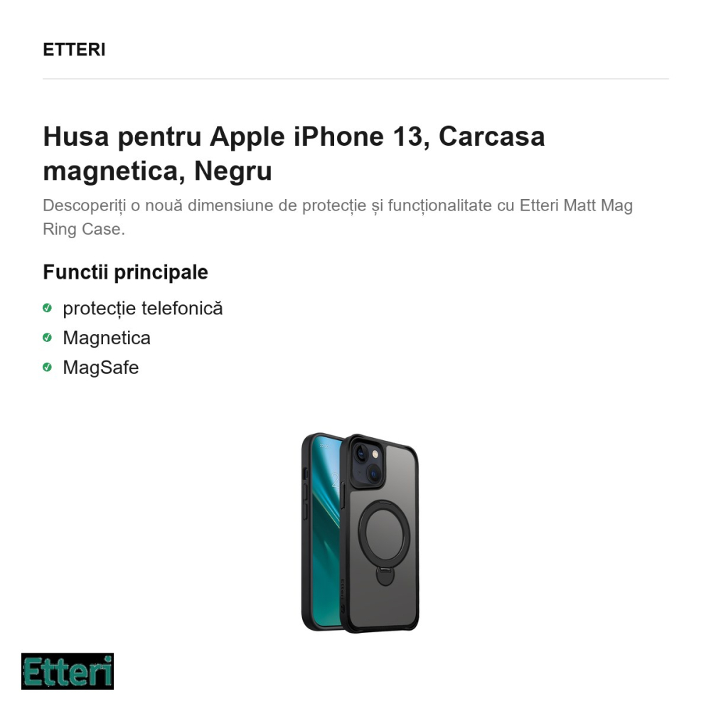 Husa Etteri Matt Mag Ring pentru Apple iPhone 13, Carcasa magnetica, Negru [2]