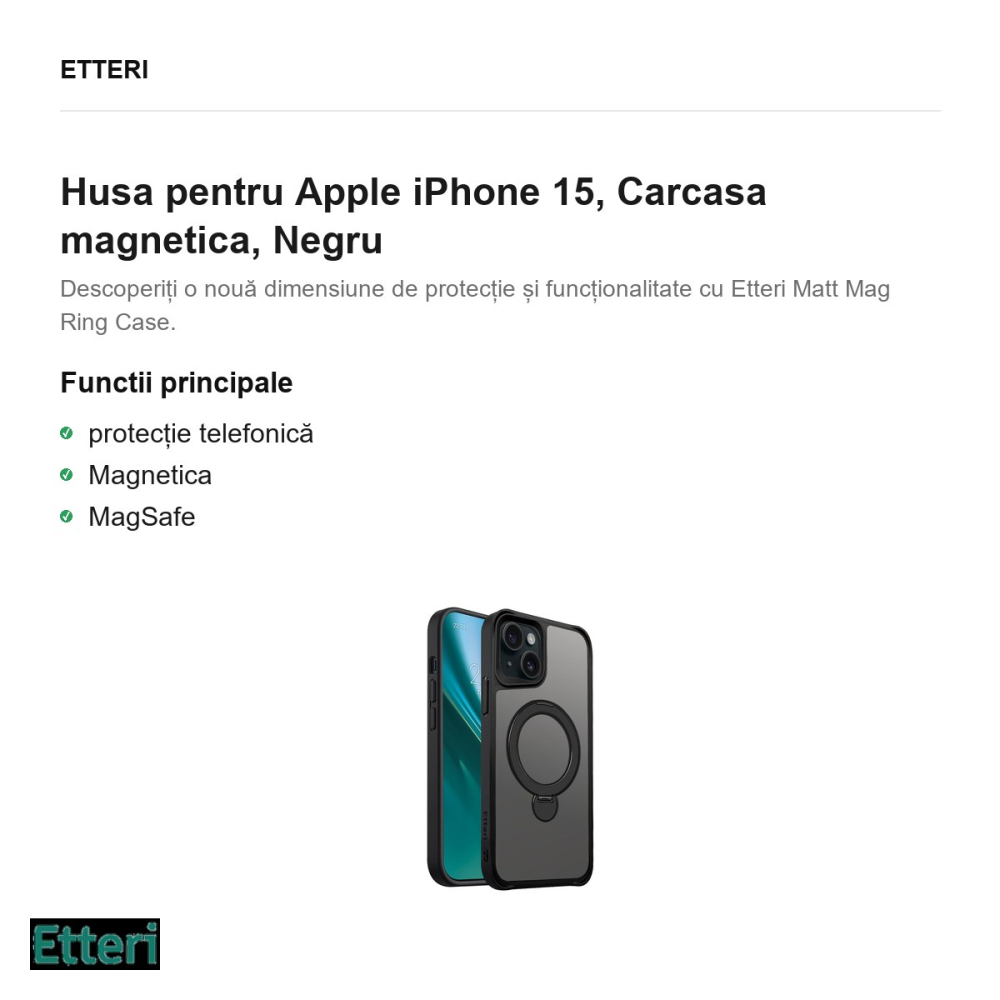Husa Etteri Matt Mag Ring pentru Apple iPhone 15, Carcasa magnetica, Negru [2]